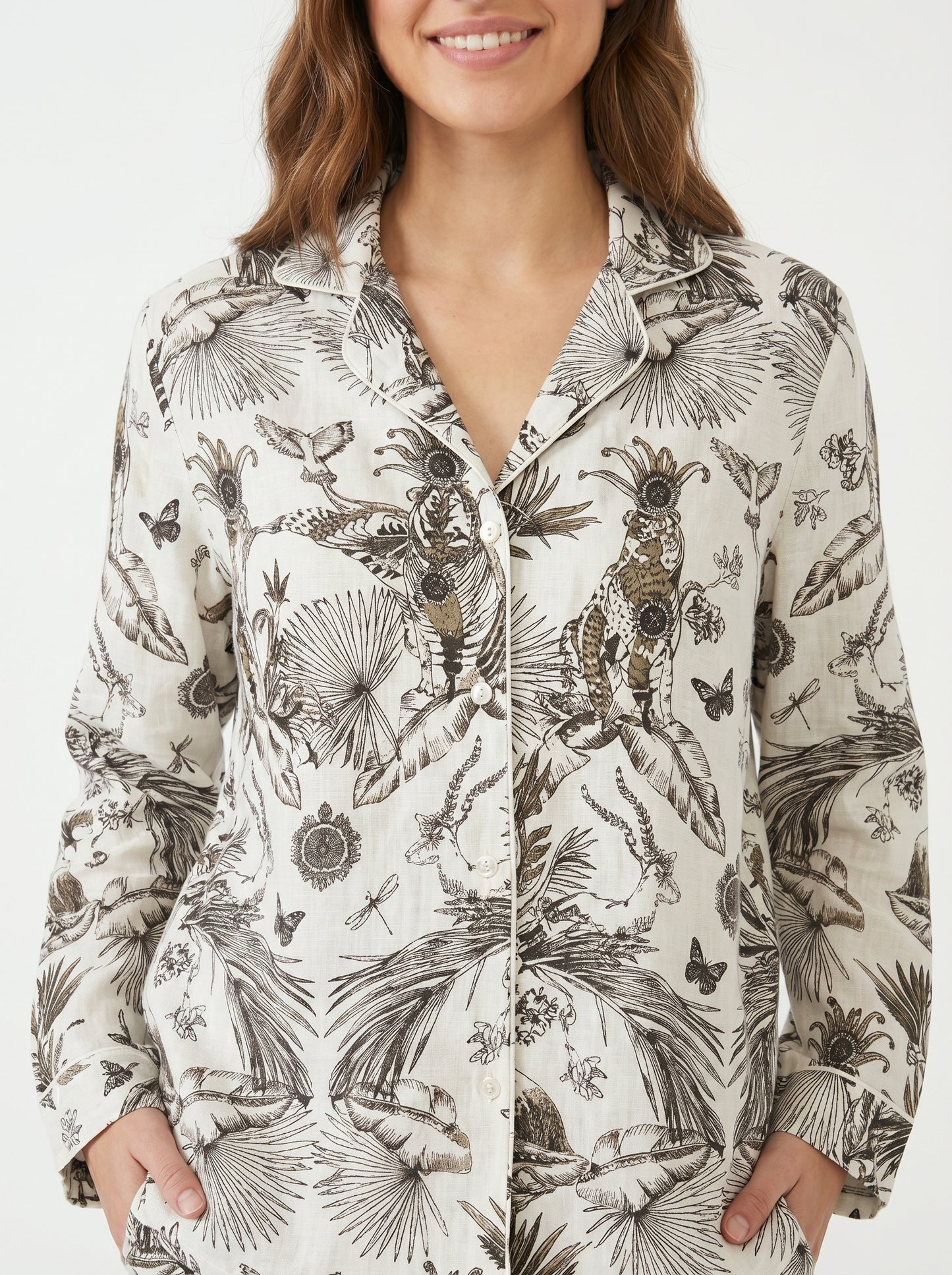 Women’s White Jungle with Brown Hue Cotton Night Suit Set – Elegant Two Piece Pajama Set