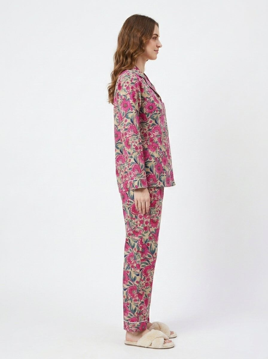 Women’s Beige Garden Bliss Print Cotton Night Suit Set - Elegant Two Piece Pajama Set