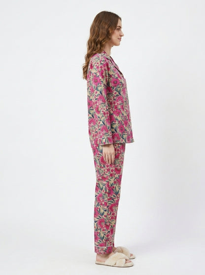 Women’s Beige Garden Bliss Print Cotton Night Suit Set - Elegant Two Piece Pajama Set