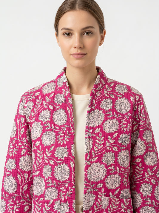 Pink Floral – Long Cotton Quilted Reversible Jacket