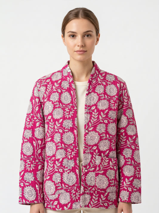 Pink Floral – Long Cotton Quilted Reversible Jacket