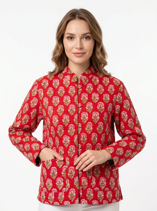Red Floral – Long Cotton Quilted Reversible Jacket