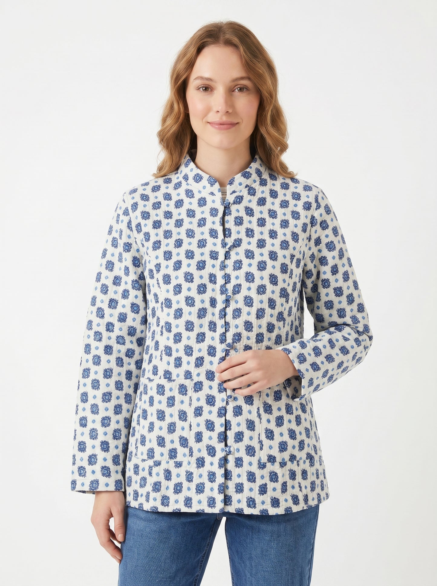 Sky Blue Petals – Long Cotton Quilted Reversible Jacket