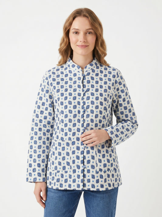 Sky Blue Petals – Long Cotton Quilted Reversible Jacket