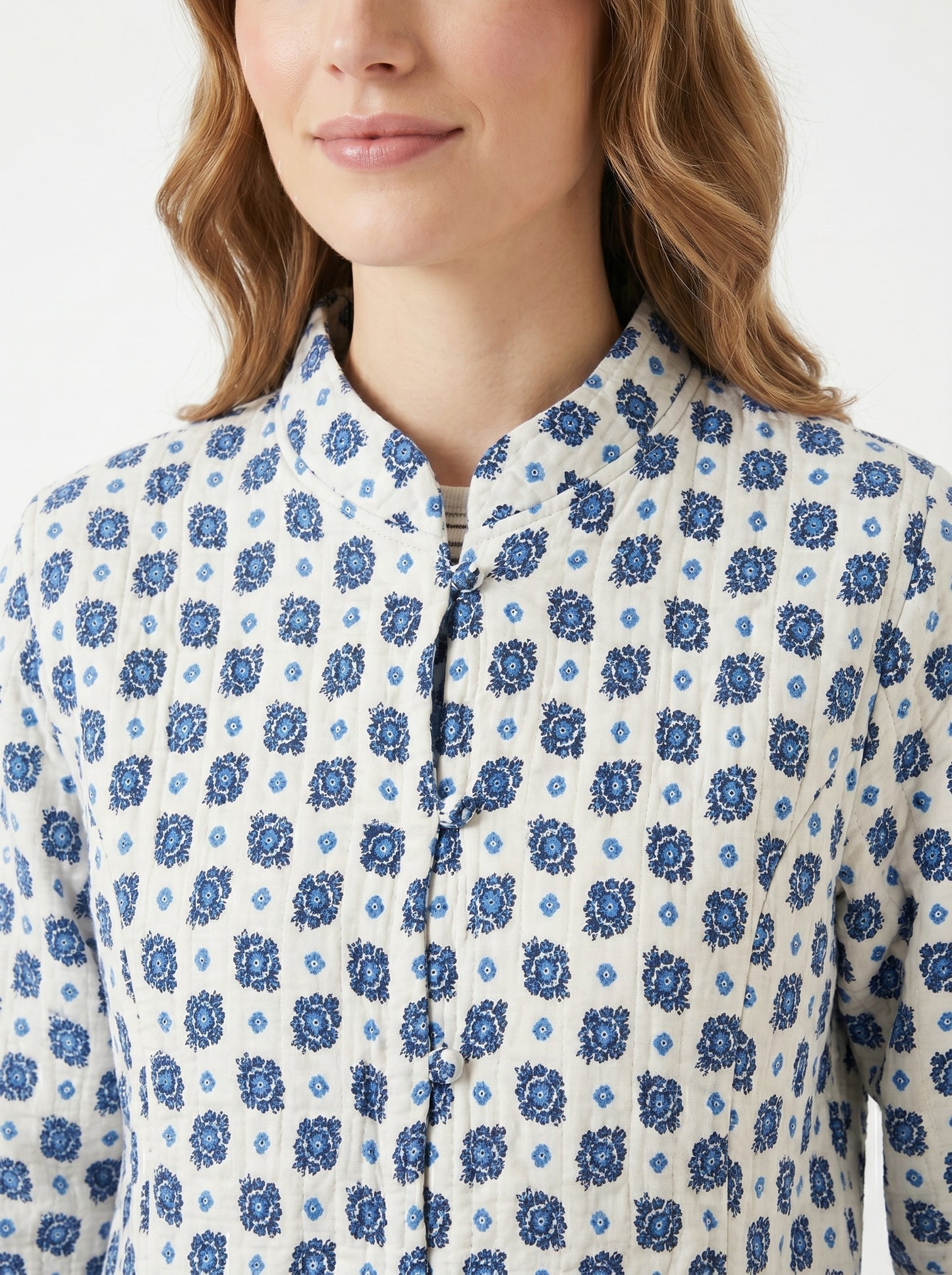 Sky Blue Petals – Long Cotton Quilted Reversible Jacket