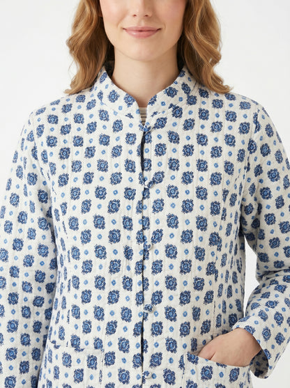 Sky Blue Petals – Long Cotton Quilted Reversible Jacket