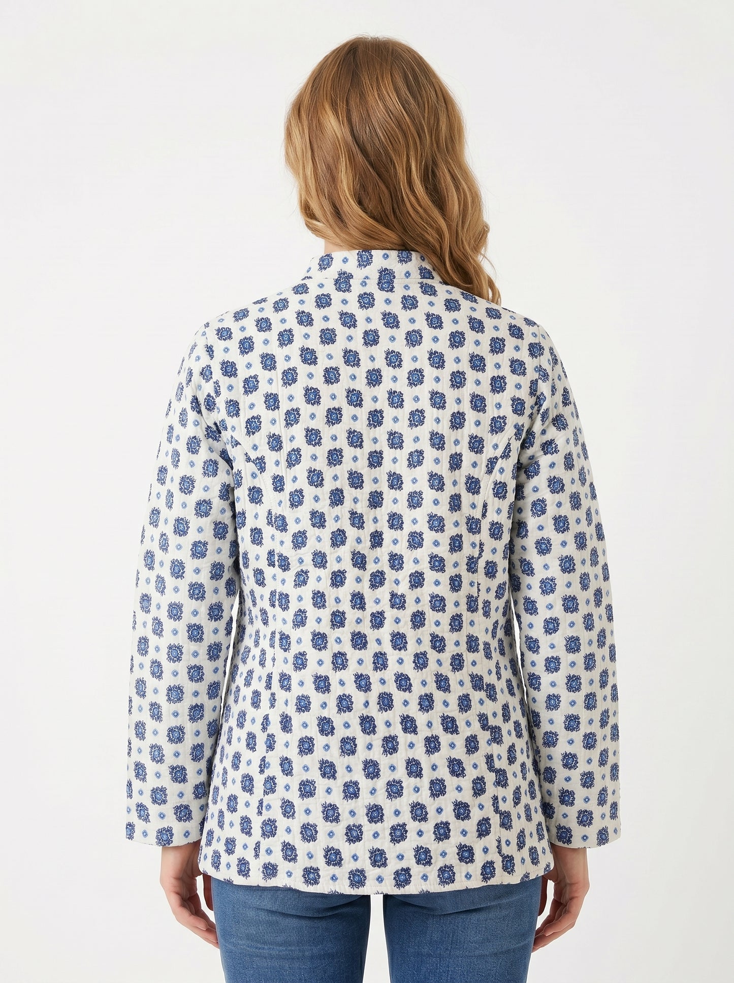Sky Blue Petals – Long Cotton Quilted Reversible Jacket