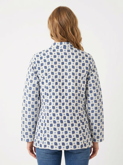 Sky Blue Petals – Long Cotton Quilted Reversible Jacket