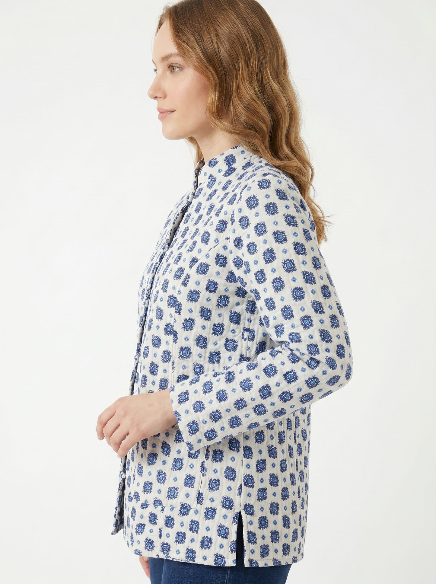 Sky Blue Petals – Long Cotton Quilted Reversible Jacket