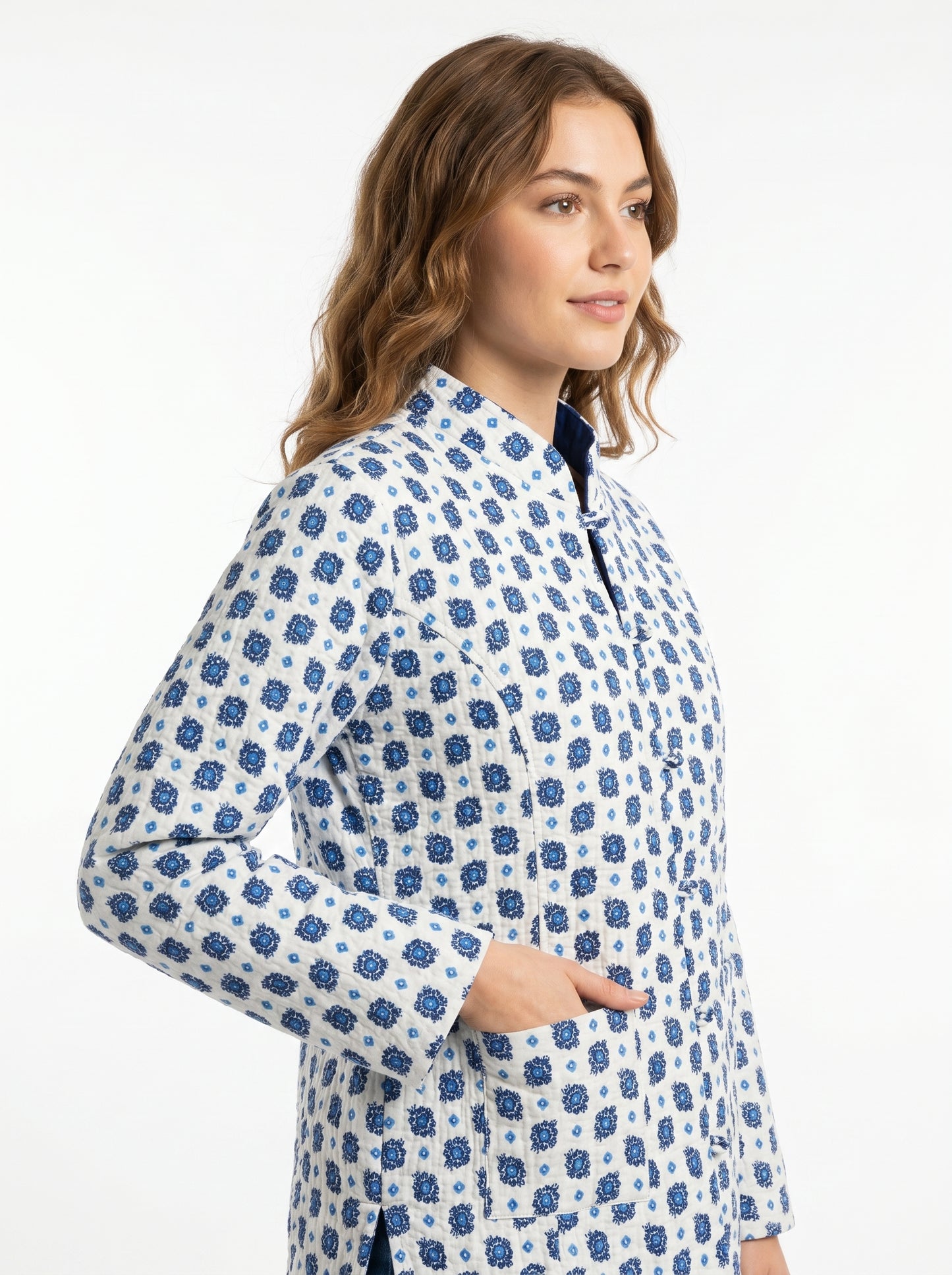 Sky Blue Petals – Long Cotton Quilted Reversible Jacket