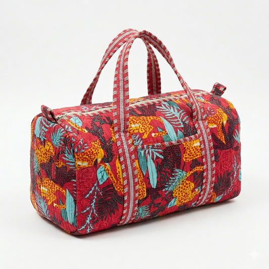 Red Floral Tiger Print Quilted Cotton Duffle Bag – Lightweight Travel Weekender