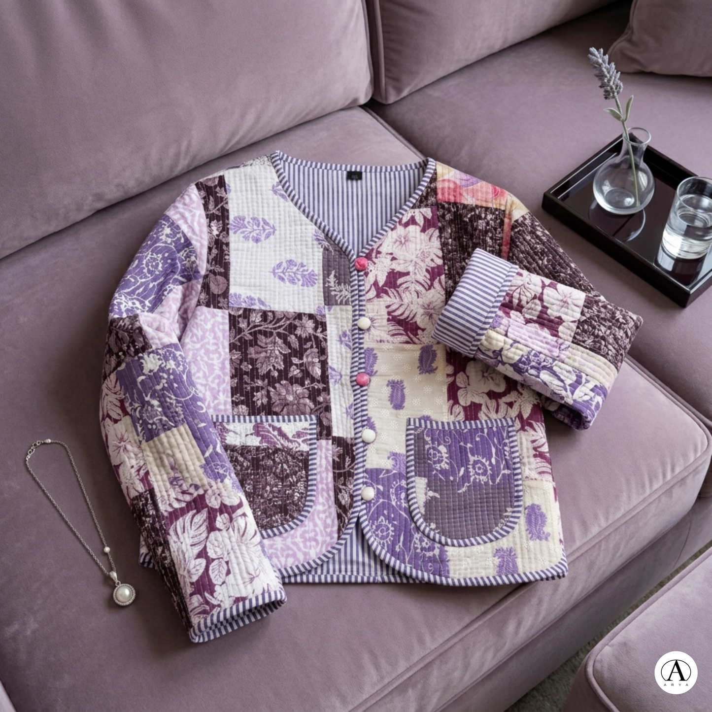 Lilac Purple Charm – Lavender Patchwork Cotton Quilted Reversible Jacket