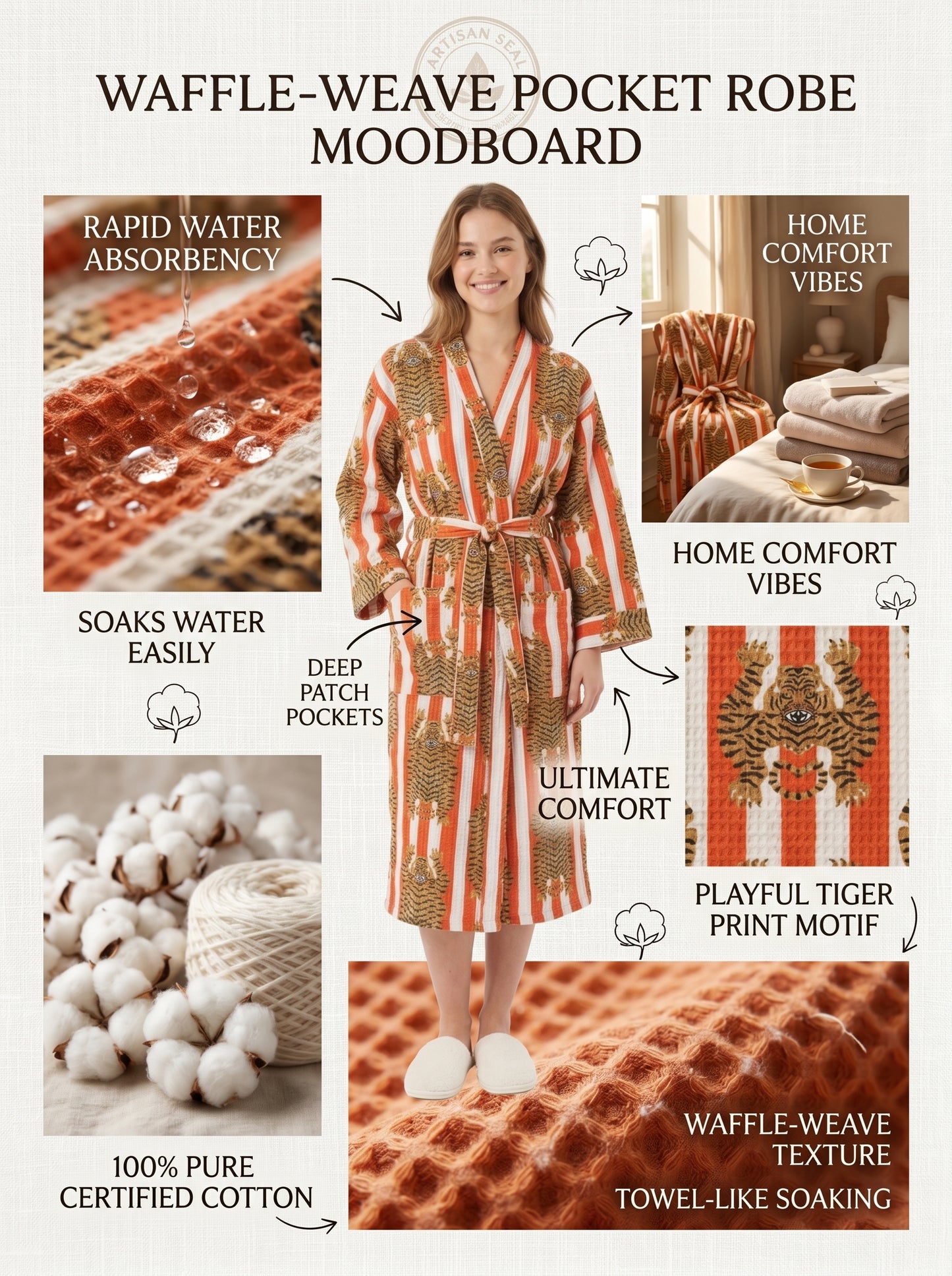Bold Orange & White Stripe Tiger Waffle Bathrobe – Luxury Spa Robe