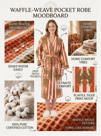 Bold Orange & White Stripe Tiger Waffle Bathrobe – Luxury Spa Robe
