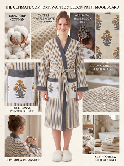 Sunshine Yellow Floral Striped Handblock Cotton Waffle Bathrobe –Luxury Spa Robe