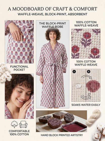 Blush Pink Mini Floral Handblock Waffle Bathrobe – Luxury Spa Robe