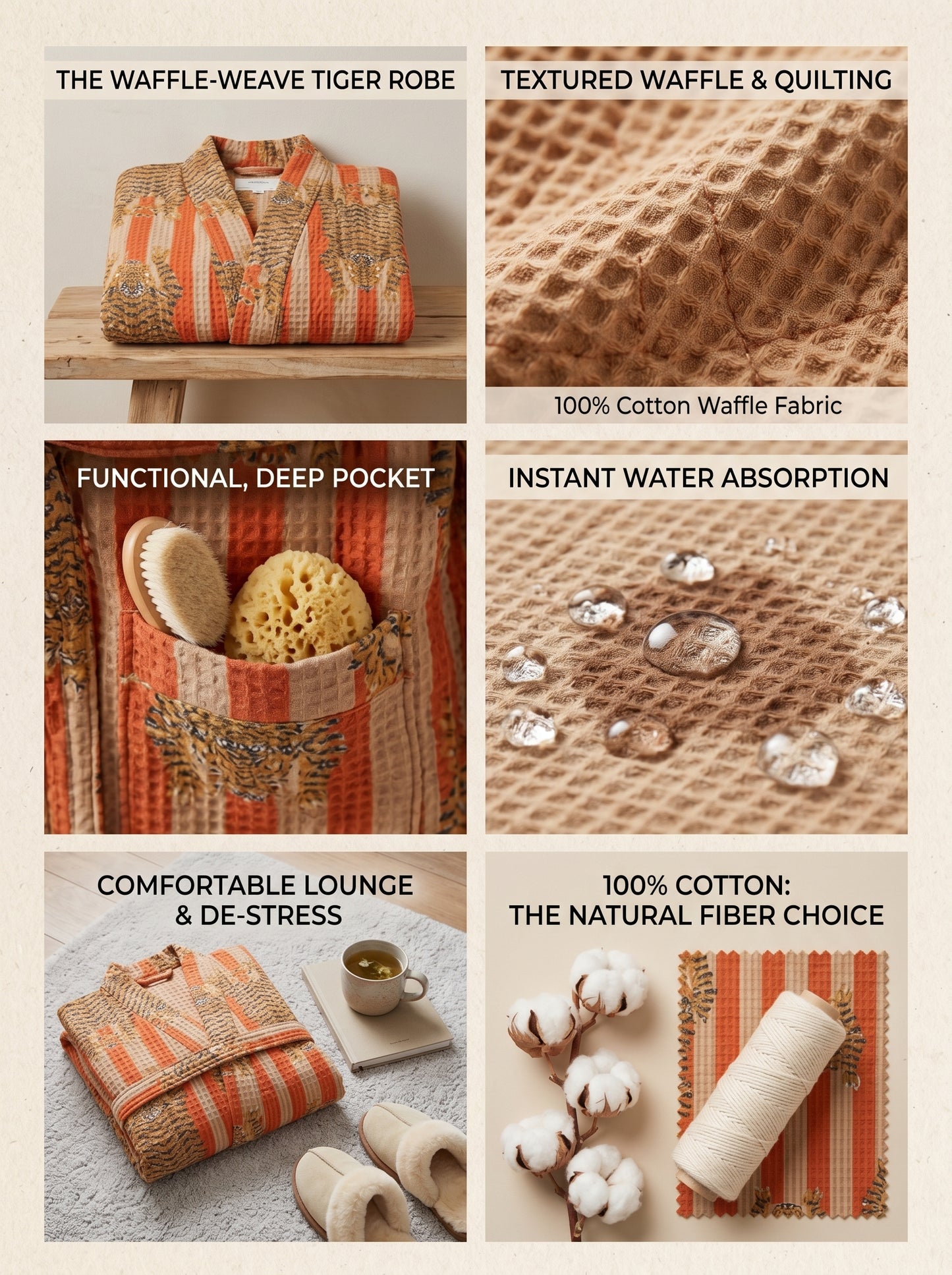 Bold Orange & Off-White Stripe Tiger Waffle Bathrobe – Luxury Spa Robe