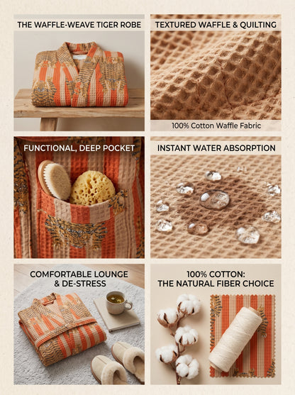 Bold Orange & Off-White Stripe Tiger Waffle Bathrobe – Luxury Spa Robe