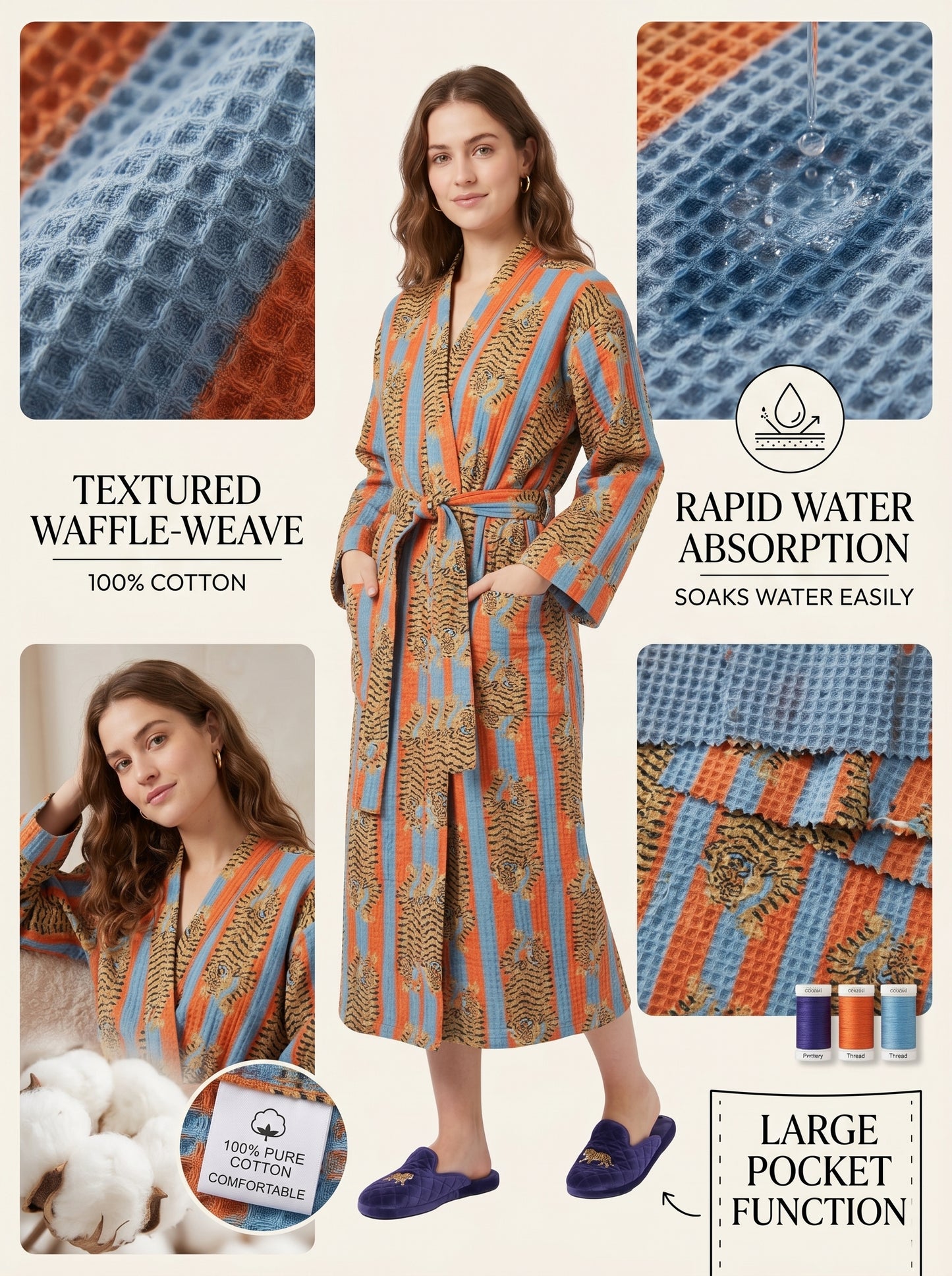 Bold Orange & Blue Stripe Tiger Waffle Bathrobe – Luxury Spa Robe