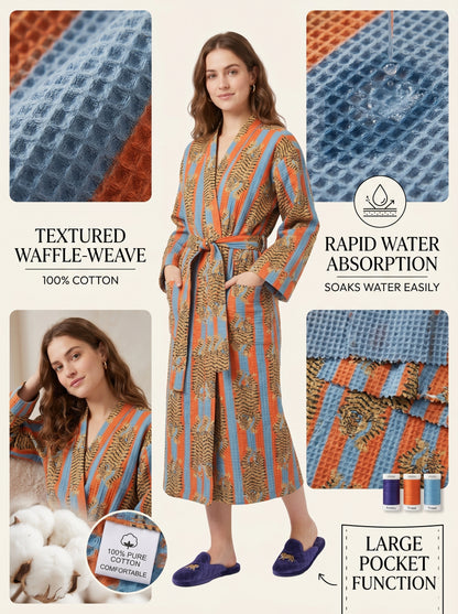 Bold Orange & Blue Stripe Tiger Waffle Bathrobe – Luxury Spa Robe