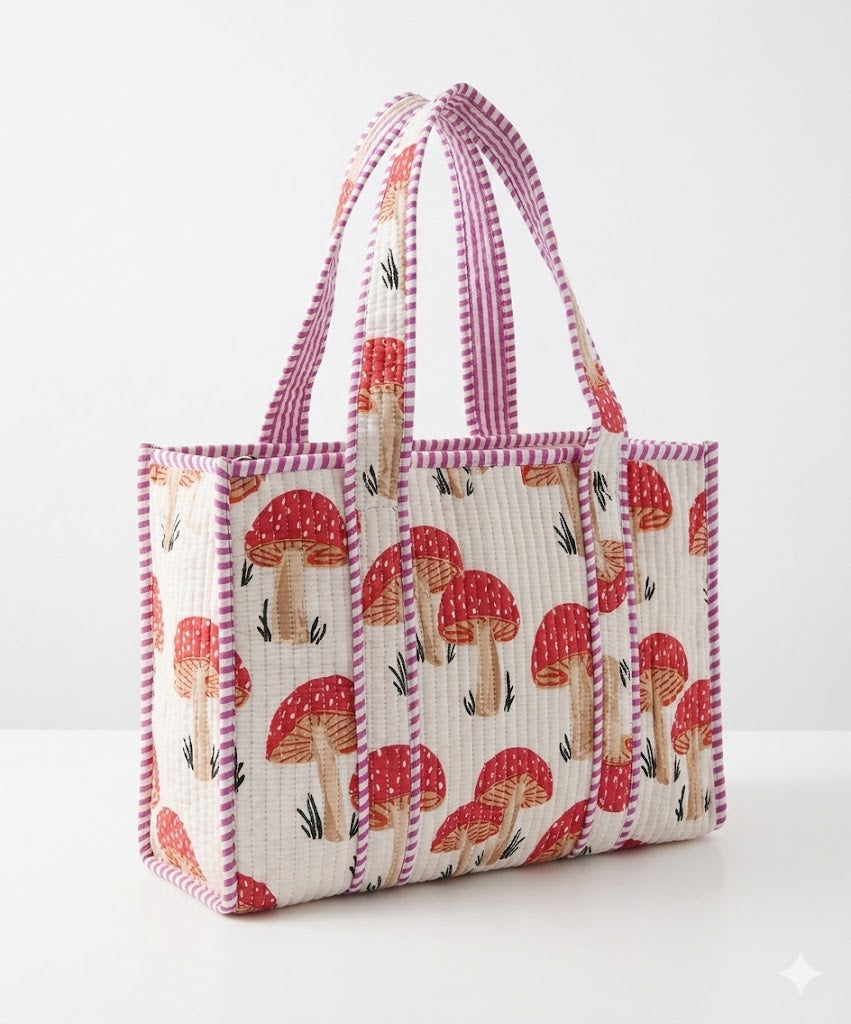 White Red Mushroom Quilted Mini Tote Bag 10X14