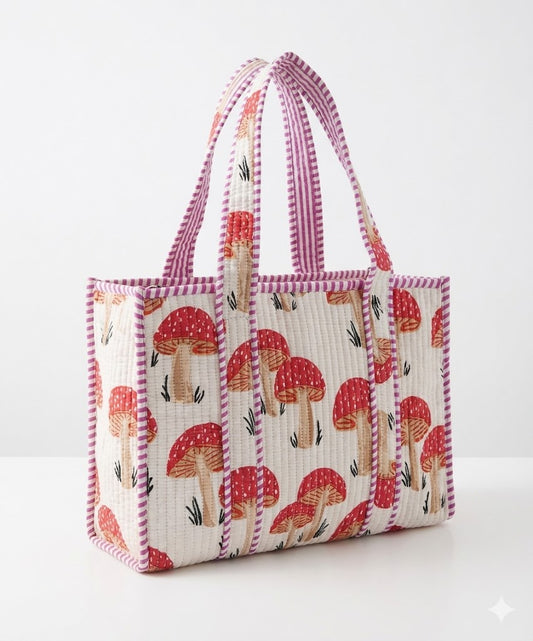 White Red Mushroom Quilted Mini Tote Bag 10X12