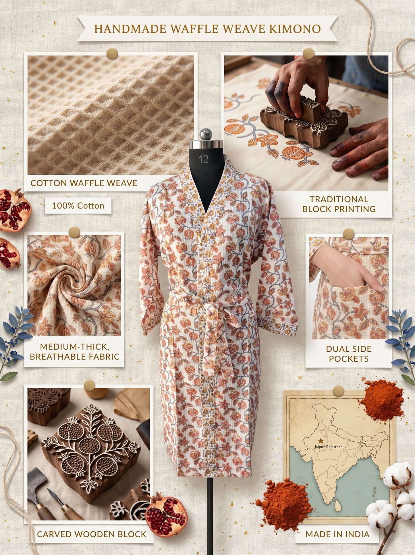Teal Orange vine Floral Waffle Bathrobe – Luxury Spa Robe