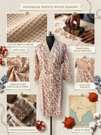 Teal Orange vine Floral Waffle Bathrobe – Luxury Spa Robe