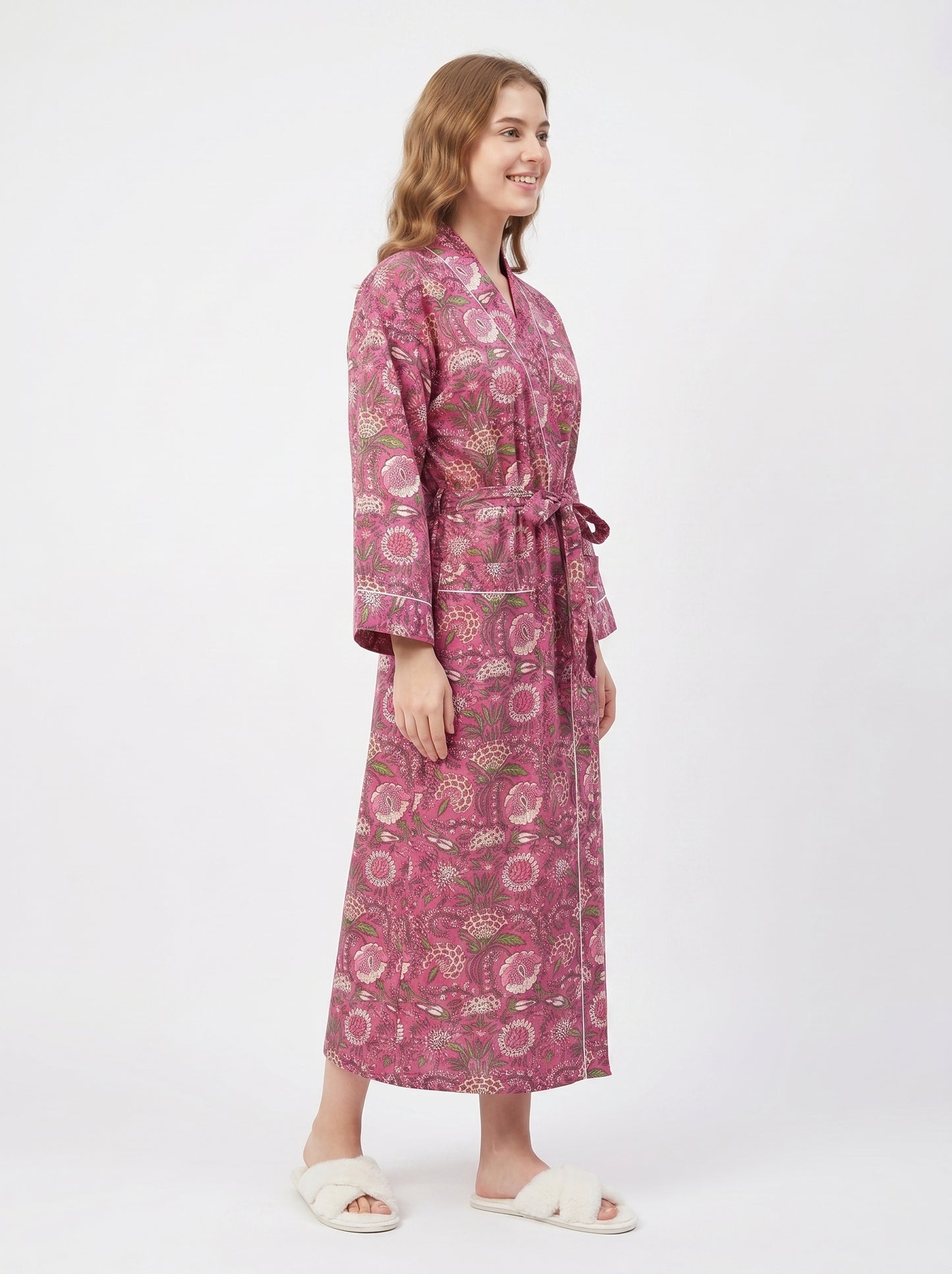 Fuchsia pink petal women's cotton kimono. Vibrant pink floral block
 print lightweight dressing gown and summer robe.