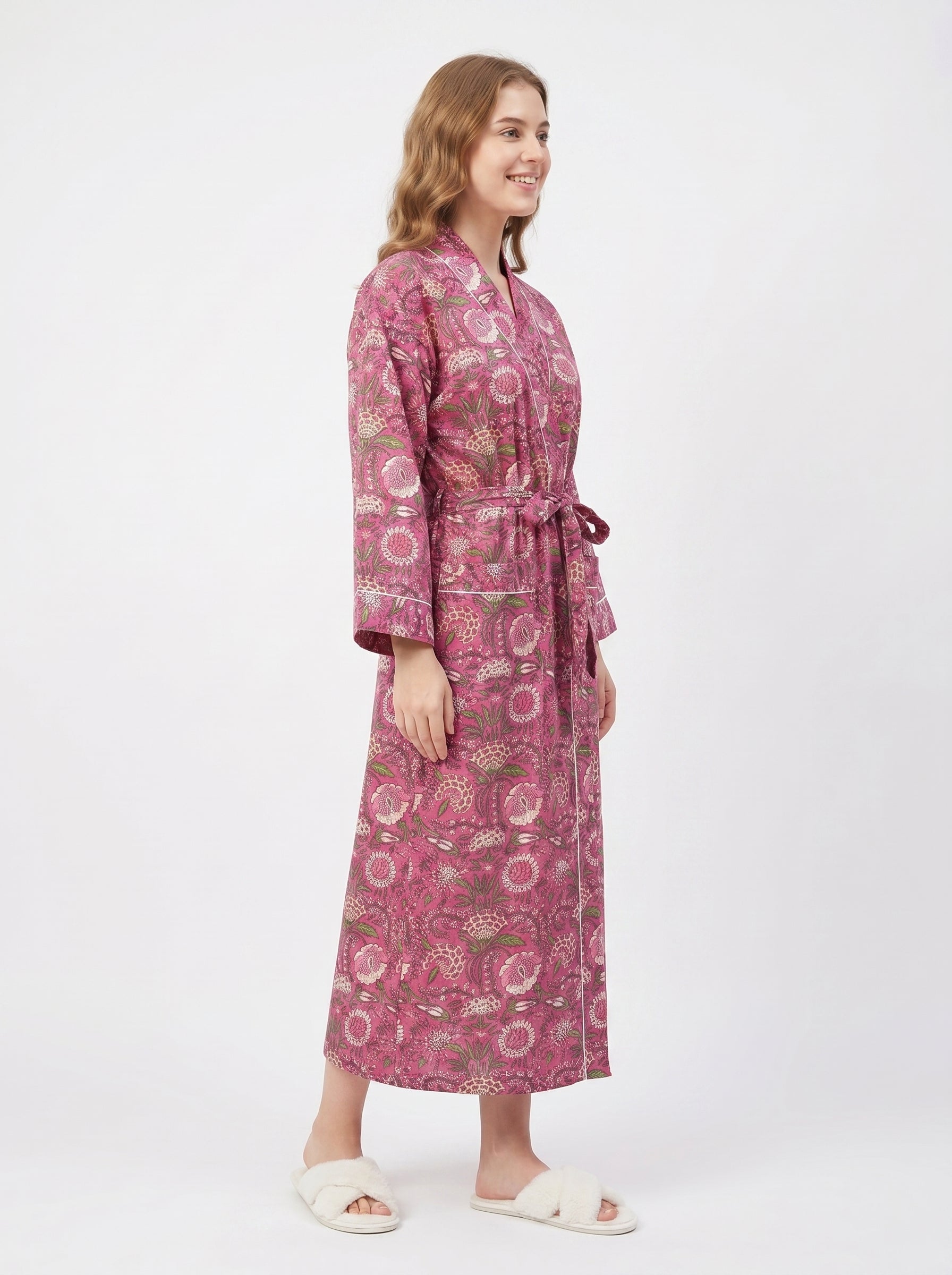 Fuchsia pink petal women's cotton kimono. Vibrant pink floral block
 print lightweight dressing gown and summer robe.