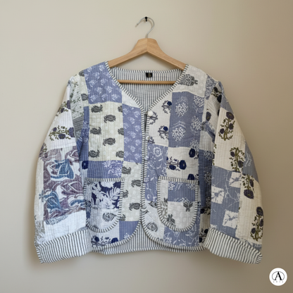 White Blue Mist – Patchwork Cotton Quilted Reversible Jacket