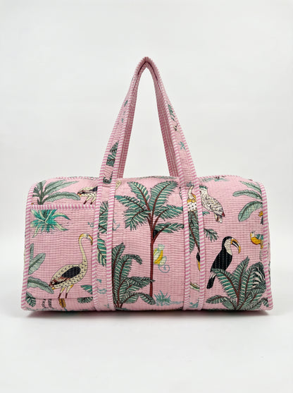 Blush Pink Safari Print Quilted Cotton Duffle Bag – Lightweight Travel Weekender