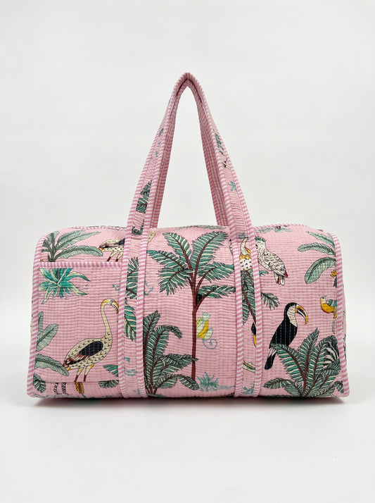 Blush Pink Safari Print Quilted Cotton Duffle Bag – Lightweight Travel Weekender