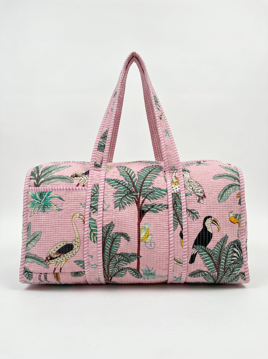 Blush Pink Safari quilted cotton overnight duffle bag with tropical safari print
