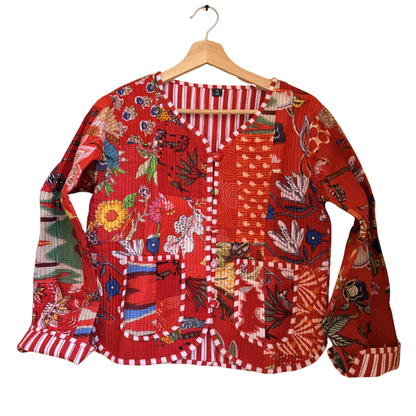 Vintage Red Scarlet – Red Patchwork Cotton Quilted Reversible Jacket