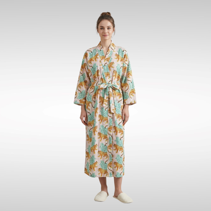 Pink and blue cheetah riot women's cotton kimono. Colorful, 
abstract animal print lightweight cotton dressing gown.