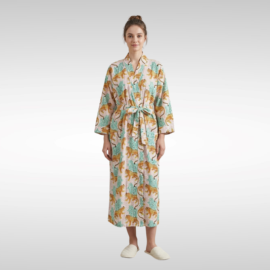 Pink and blue cheetah riot women's cotton kimono. Colorful, 
abstract animal print lightweight cotton dressing gown.