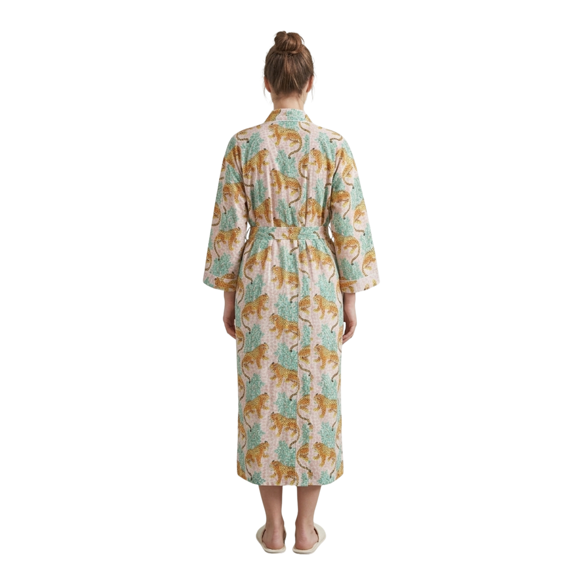 Pink and blue cheetah riot women's cotton kimono. Colorful, 
abstract animal print lightweight cotton dressing gown.