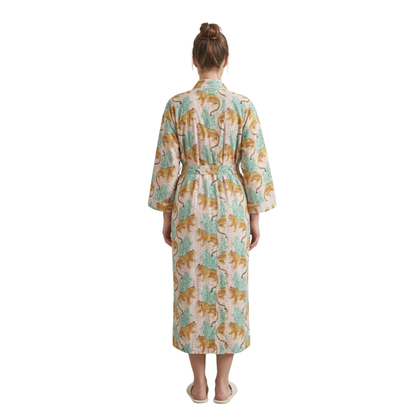 Pink and blue cheetah riot women's cotton kimono. Colorful, 
abstract animal print lightweight cotton dressing gown.