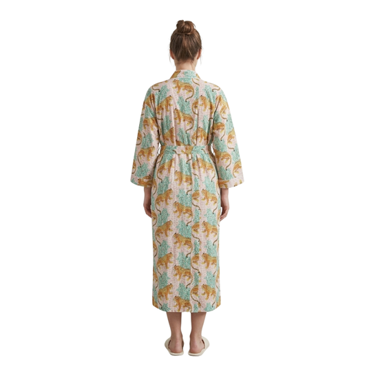 Pink and blue cheetah riot women's cotton kimono. Colorful, 
abstract animal print lightweight cotton dressing gown.