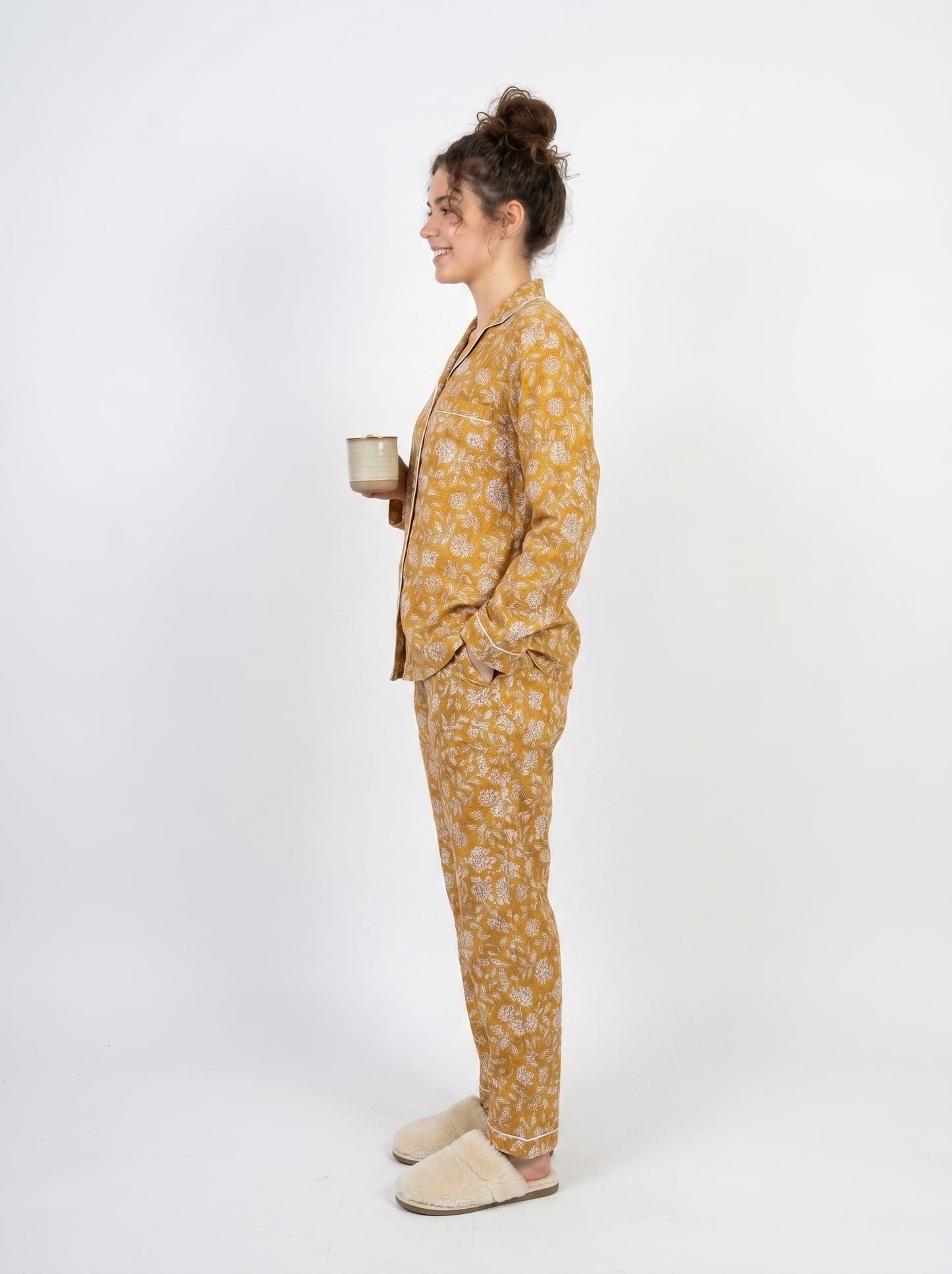 Women's Sun-Kissed Yellow Blooms Cotton Night Suit Set – Elegant Two Piece Pajama Set