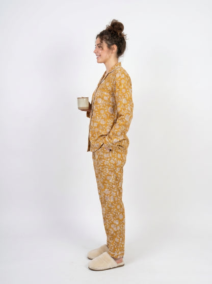 Women's Sun-Kissed Yellow Blooms Cotton Night Suit Set – Elegant Two Piece Pajama Set