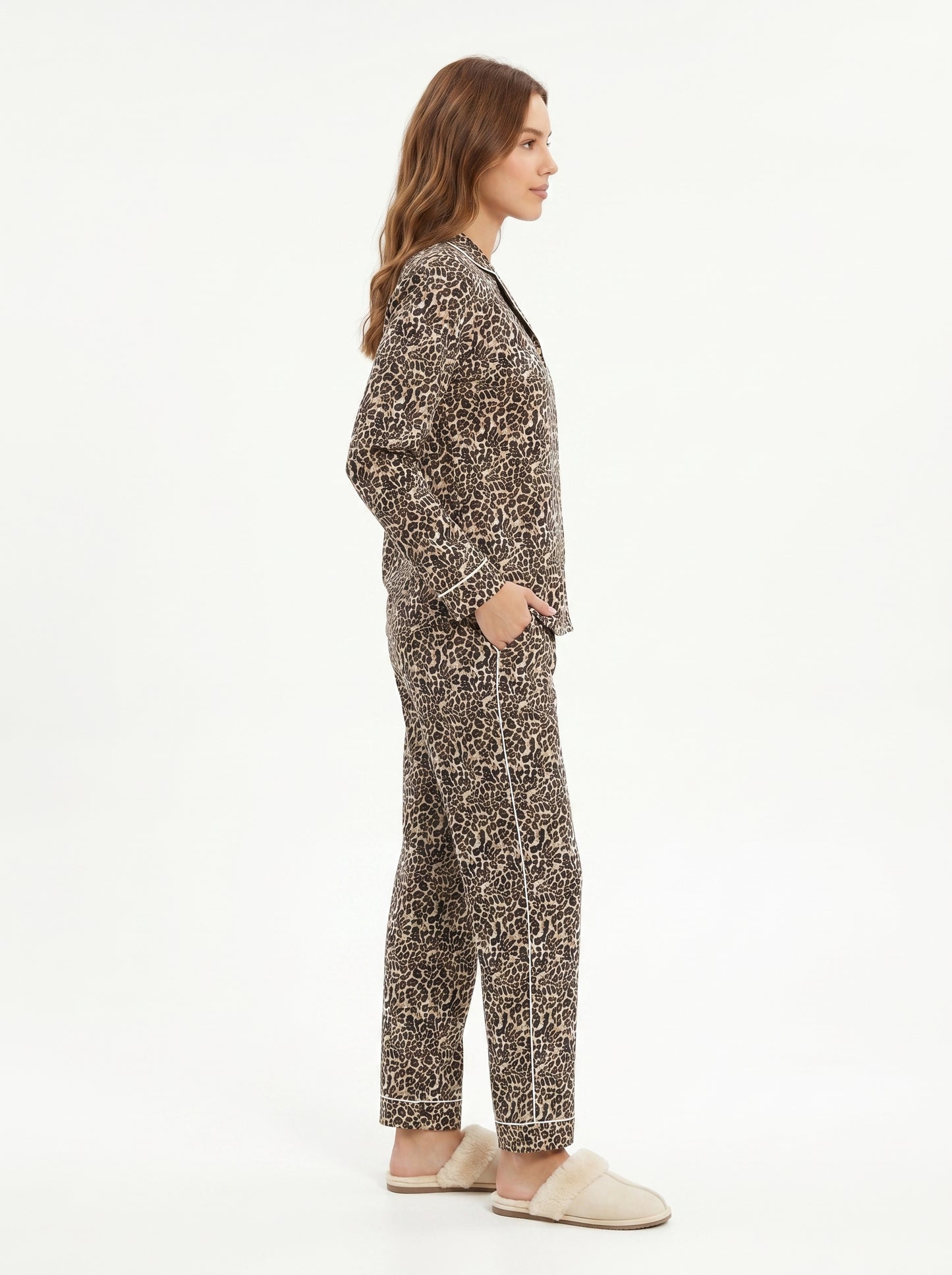 Women's Wild Brown Cheetah Nights Cotton Night Suit Set – Elegant Two Piece Pajama Set