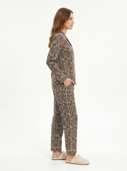 Women's Wild Brown Cheetah Nights Cotton Night Suit Set – Elegant Two Piece Pajama Set