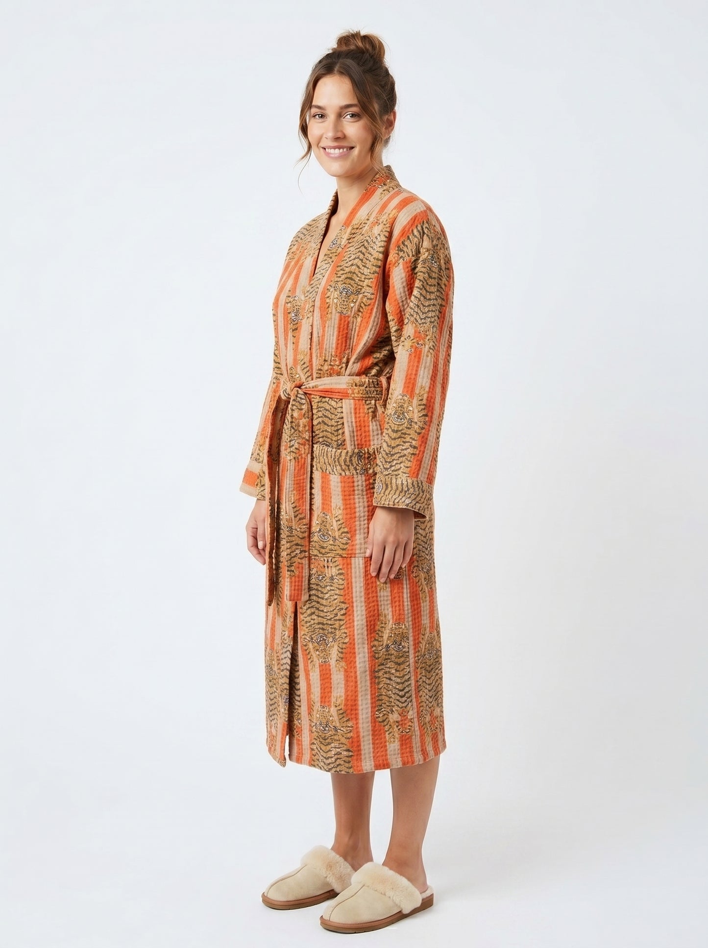 Bold Orange & Off-White Stripe Tiger Waffle Bathrobe – Luxury Spa Robe