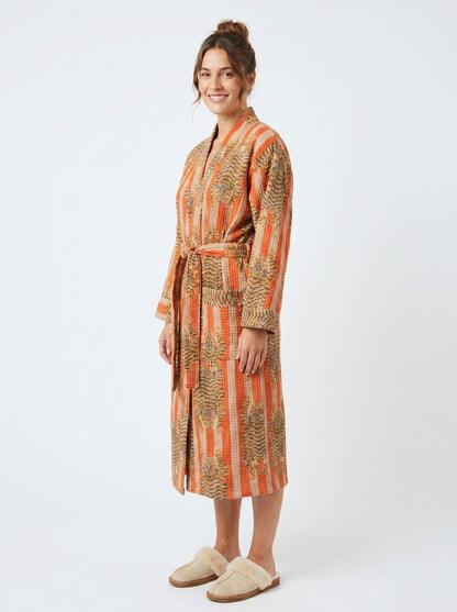 Bold Orange & Off-White Stripe Tiger Waffle Bathrobe – Luxury Spa Robe