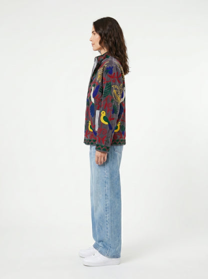 Women's Peacock Suzani Reversible Velvet Jacket – Artistic Embroidered Statement Jacket