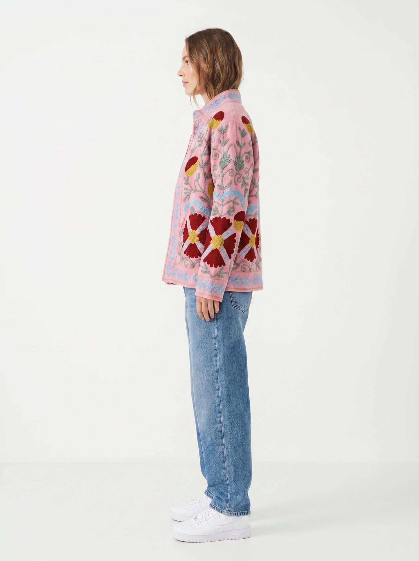 Women's Pink Bloom Suzani Reversible Velvet Jacket – Artistic Embroidered Statement Jacket