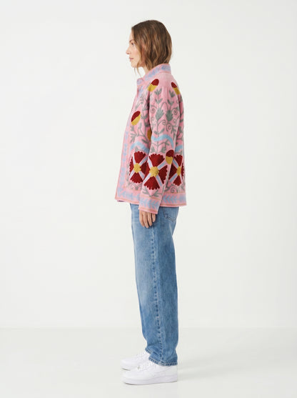 Women's Pink Bloom Suzani Reversible Velvet Jacket – Artistic Embroidered Statement Jacket