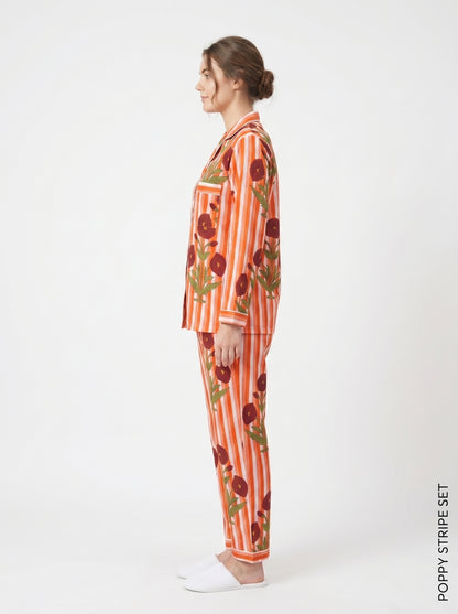 Orange Petal Dreams Print Cotton Night Suit Set – Elegant Two Piece Pajama Set